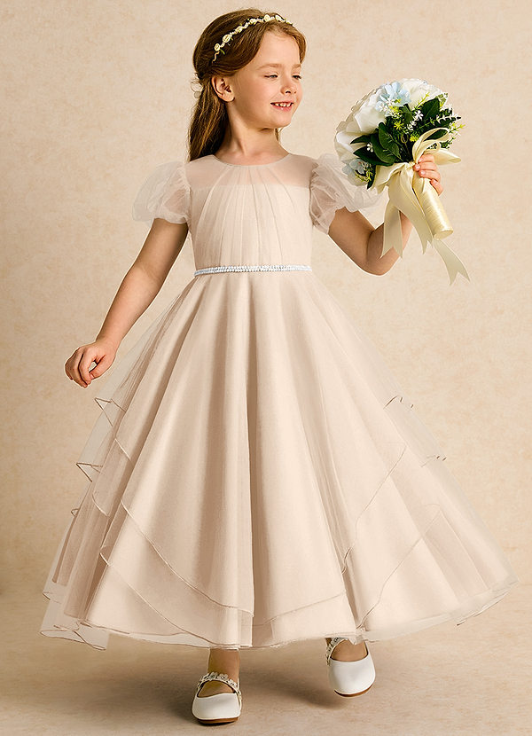 Azazie Duckie Flower Girl Dresses White Alabaster Ball-Gown Pleated Tulle Dress image1