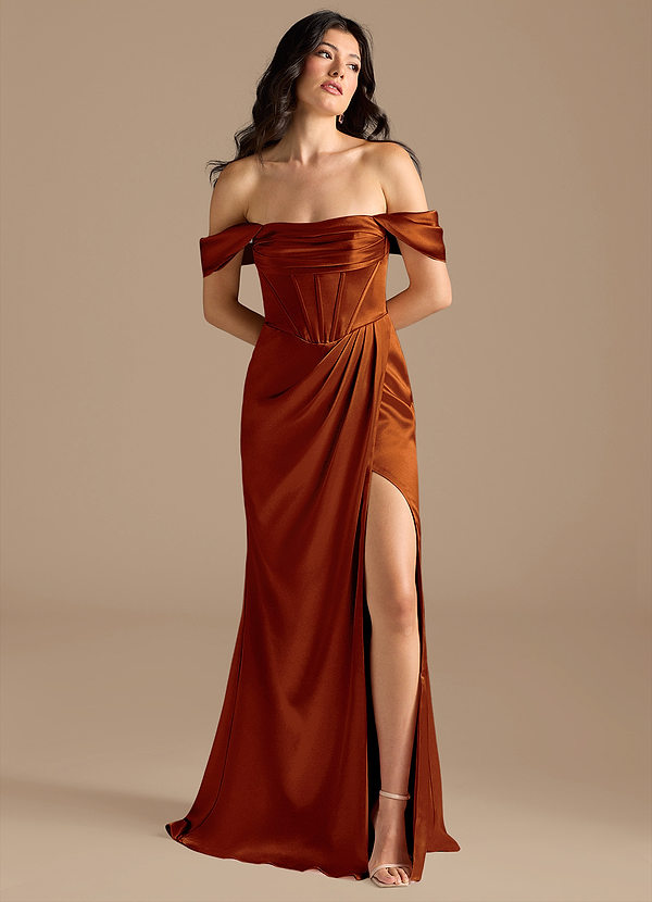 Azazie Lynden Bridesmaid Dresses Auburn Sheath Off the Shoulder Metallic Satin Convertible Dress image1