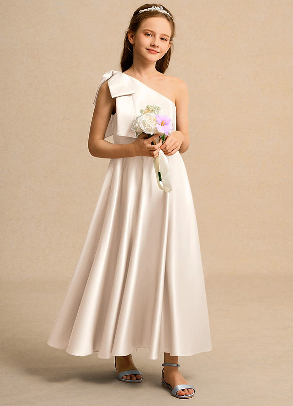 Azazie Guppy Girls Formal Klänningar för brudeflicka Klä A-Line i Matt satäng Ena axeln image1