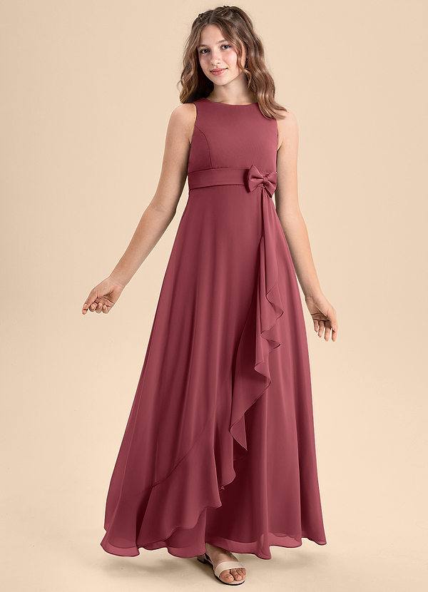 Azazie Lilenne Junior Vestido de Merlot de Gasa de Corte En A con Lazo image1
