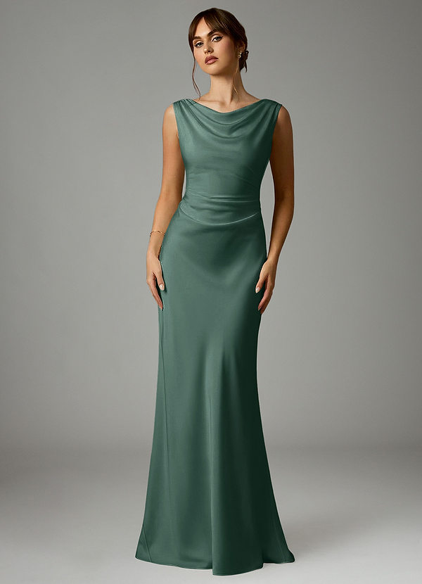 Azazie Kieryn Bridesmaid Dresses Eucalyptus Mermaid Pleated Stretch Satin Dress image1