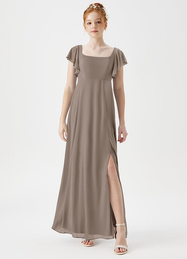 Azazie Bondi Junior A-Linie Seitliche Cut-Outs Gittergewebe Kleid Taupe image1