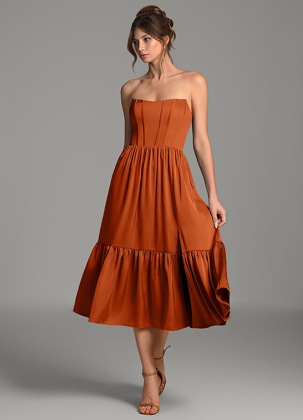 Azazie Delphina Bridesmaid Dresses Burnt Orange A-Line Corset Stretch Satin Convertible Dress image1