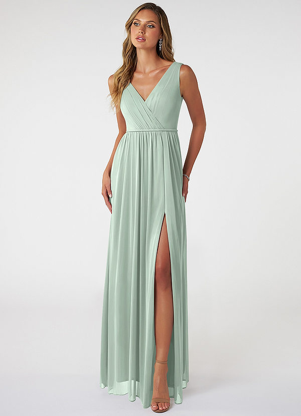 Azazie Tanicia Bridesmaid Dresses Agave A-Line V-Neck Pleated Mesh Dress image1