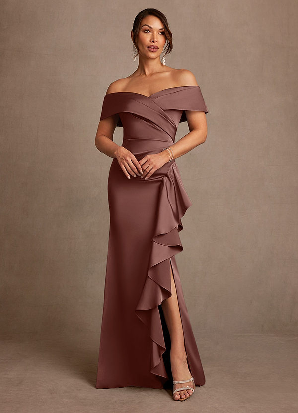 Azazie Kirsty Espresso Sheath Off the Shoulder Stretch Satin Dress