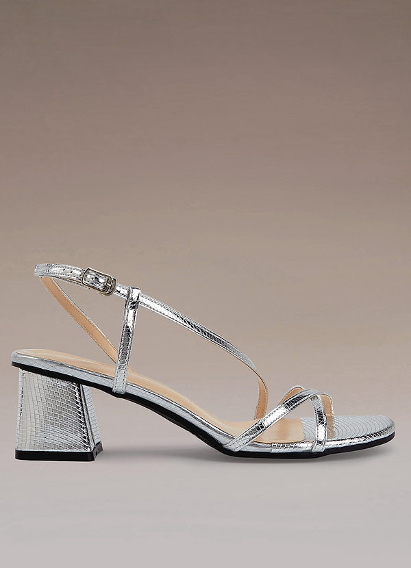 front Silver Chunky Heel Slingback Sandals