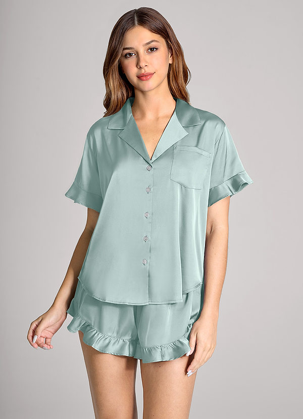 front Matching Color Ruffled Satin Short Sleeve Pajama Set