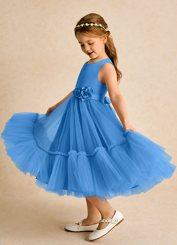 Azazie Miracle Flower Girl Dresses Blue Jay A-Line Bow Matte Satin Dress image1