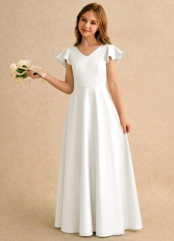 Azazie Nari Girls Formal Sukienki dla dziewczynek sypiących kwiaty Linia A z rękawami Matowy satynowy Długość podłogi Sukienka image1