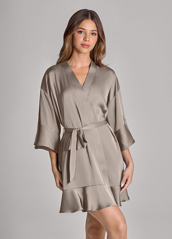 front Taupe Geplooide satijnen kamerjas