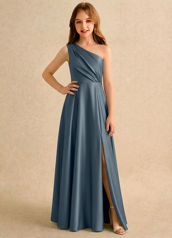 Azazie Puddles Girls Formal Abiti da Ragazza di Fiori Abito A-Line in Raso Elasticizzato Monospalla Crepuscolo image1