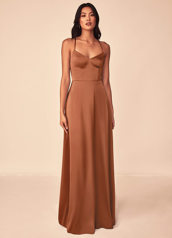 Azazie Mei Robes Demoiselle d'honneur Robe Trapèze en Satin extensible Col en V Cuivre image1