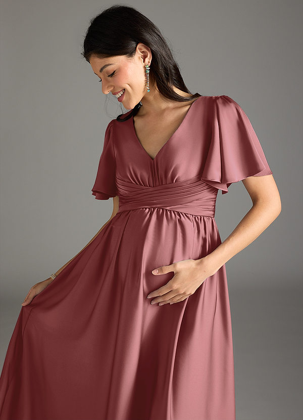 Azazie Verna Vestidos de dama de honor de maternidad Vestido de Corte En A Volante Hasta el suelo Satén Elástico image1