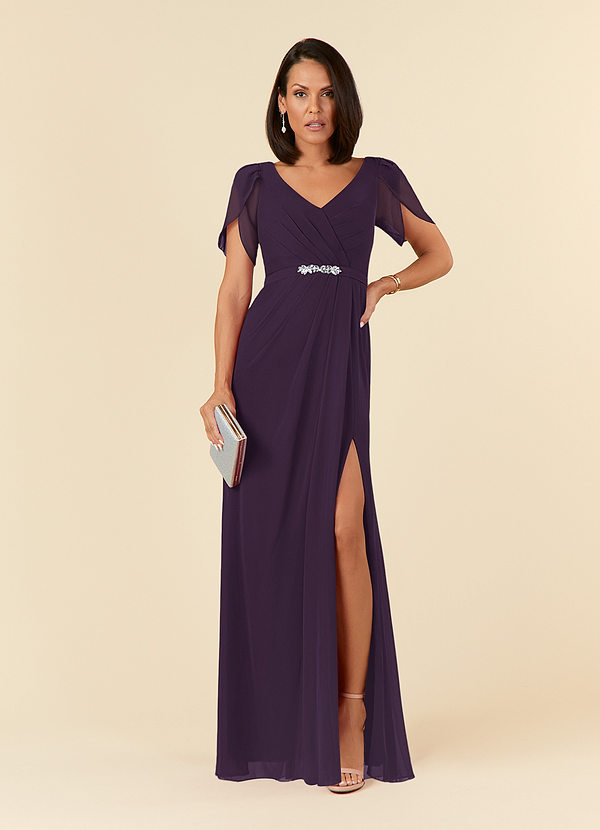 Azazie Marianne Mother of the Brides Dresses Plum Sheath V-Neck Pleated Chiffon Dress image1