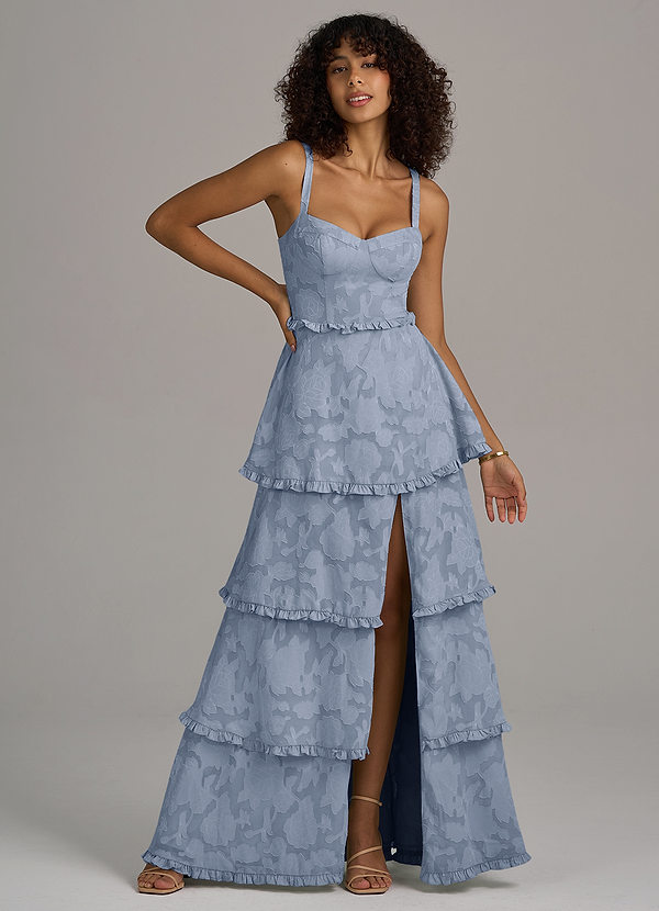Azazie Romie Bridesmaid Dresses Dusty Blue A-Line Corset Floral Burnout Dress image1