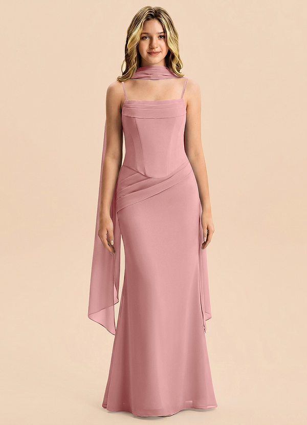 Azazie Sorrel Junior Abito Sirena in Chiffon Plissettato Rosa Polverosa image1