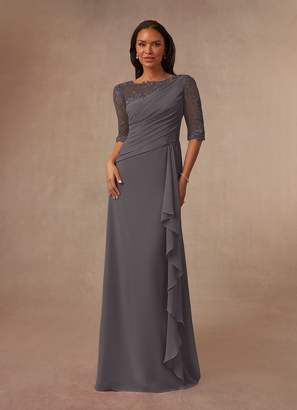 Azazie Dionysus Mother of the Brides Dresses Steel Grey A-Line Boatneck Lace Chiffon Dress image1