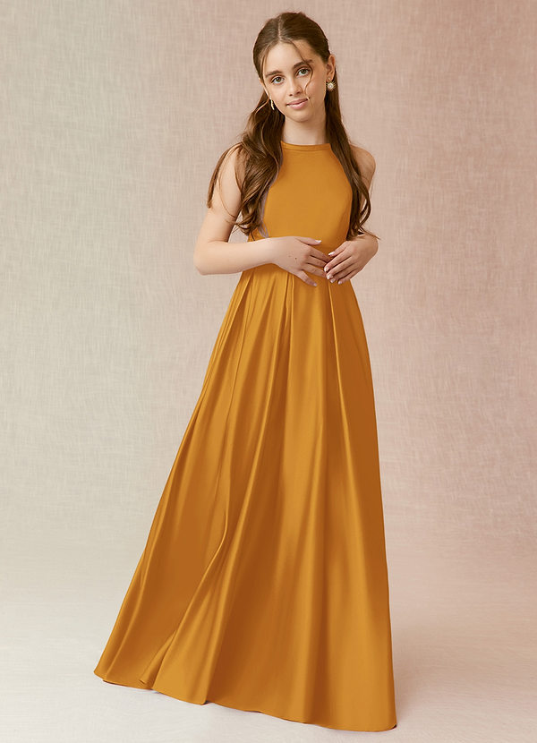 Azazie Arianthe Junior Butterscotch A-Line with Pockets Matte Satin Dress image1