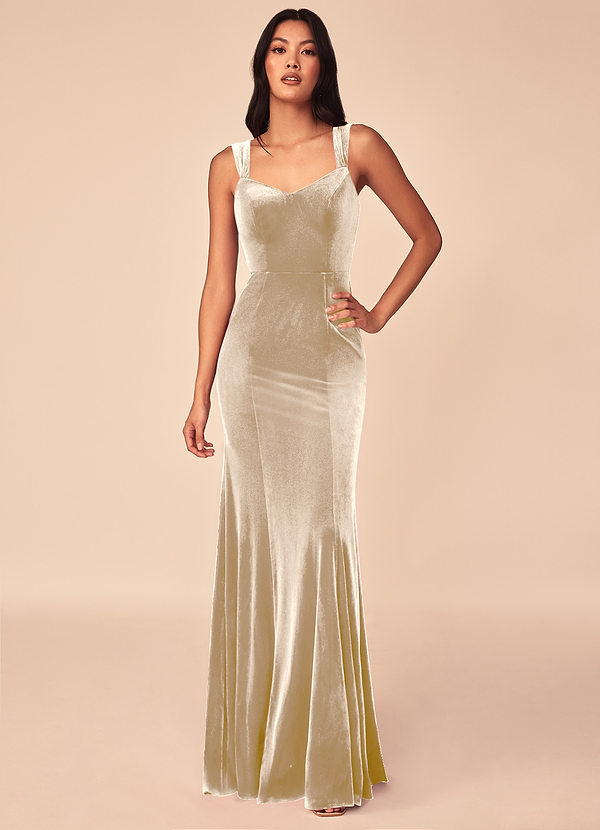 Azazie Lanessa Bridesmaid Dresses Champagne Mermaid V-Neck Keyhole Back Velvet Dress image1