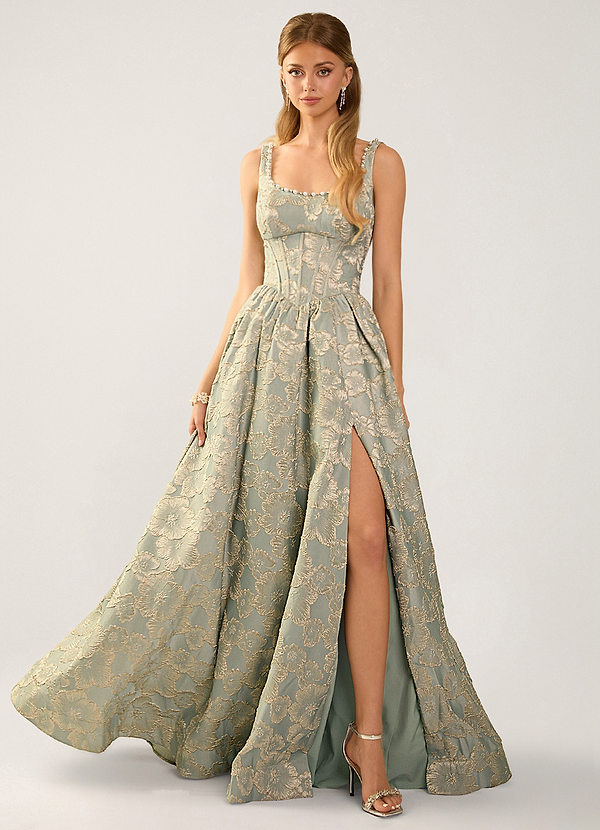 Cimaya Blu Abito da ballo in jacquard con scollo quadrato image1