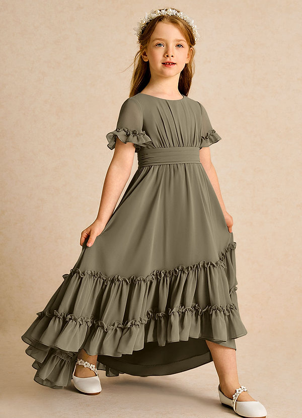 Azazie Kass Flower Girl Dresses Willow Green A-Line Pleated Chiffon Dress image1