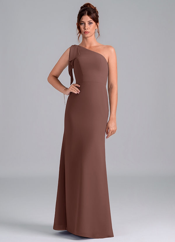 Azazie Rinna Bridesmaid Dresses Espresso Mermaid One Shoulder Chiffon Dress image1