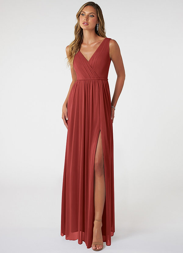 Azazie Tanicia Brautjungfernkleider A-Linie V-Hals Gefaltet Gittergewebe Kleid Rost image1