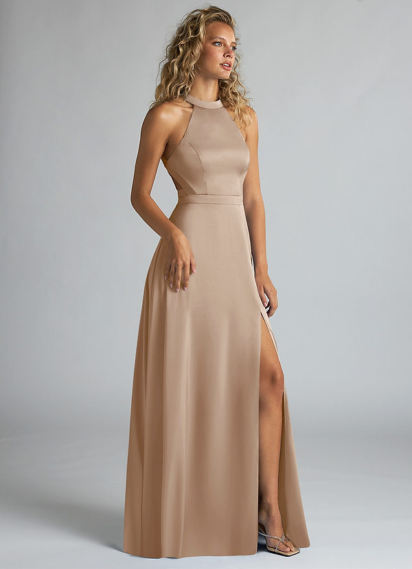 Azazie Clarice Bridesmaid Dresses Taupe A-Line High Neck Stretch Satin Dress image1
