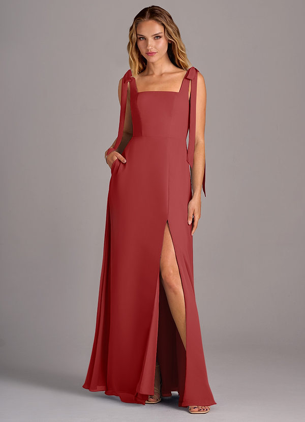 Azazie Debra Bridesmaid Dresses Rust A-Line with Pockets Chiffon Convertible Dress image1