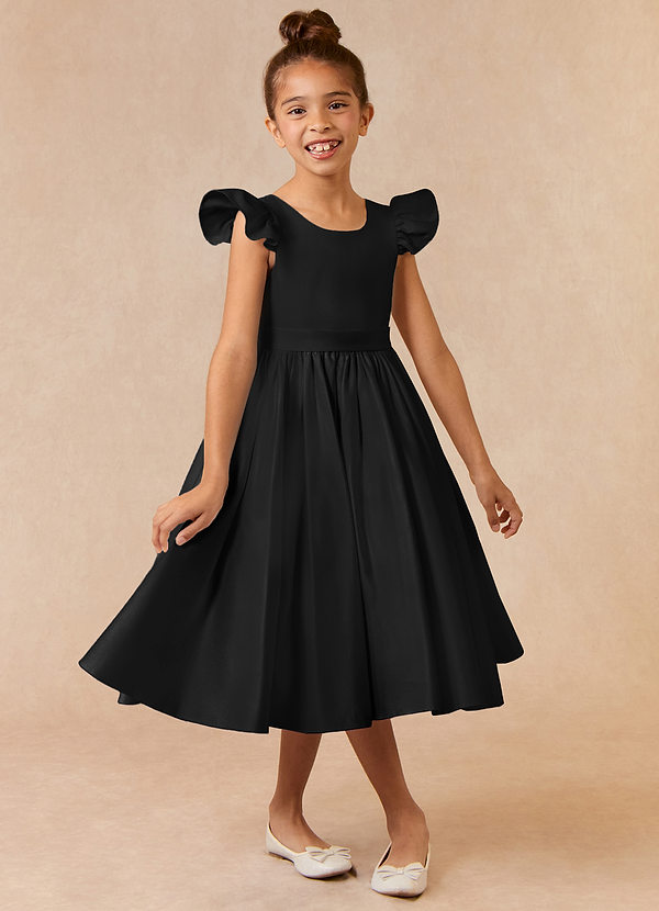 Black Azazie Violeta Ball-Gown Bow Matte Satin Tea-Length Dress | Azazie