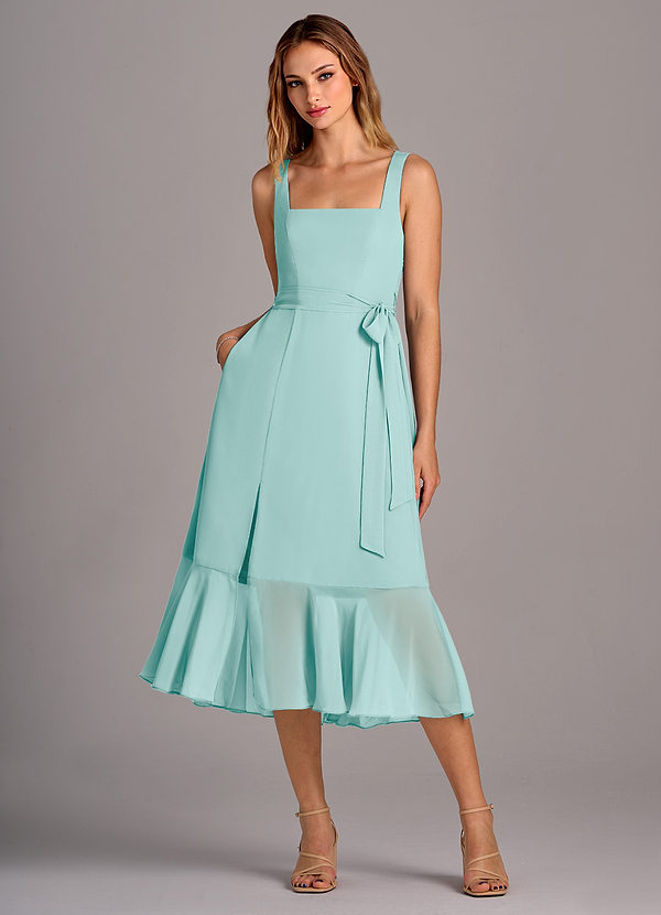 Azazie Deb Bridesmaid Dresses Aqua A-Line with Pockets Chiffon Convertible Dress image1