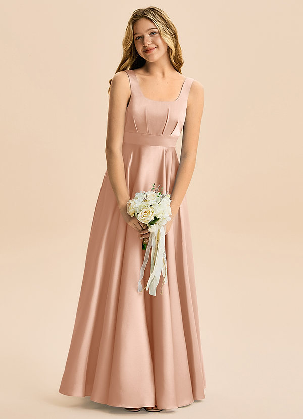 Azazie Gabby Junior Linia A Pofałdowany Satyna elastyczna Długość podłogi Młodsza druhna Sukienka image1