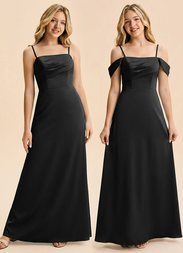 Azazie Gwyneira Junior Vestido de Negro de Satén Elástico de Corte en A con Volante image1