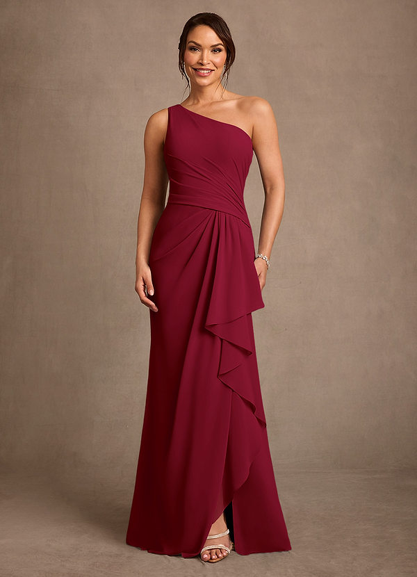 Azazie Floy Mother of the Bride Dresses Vestido Borgonha de Chiffon de Bainha com Um ombro image1