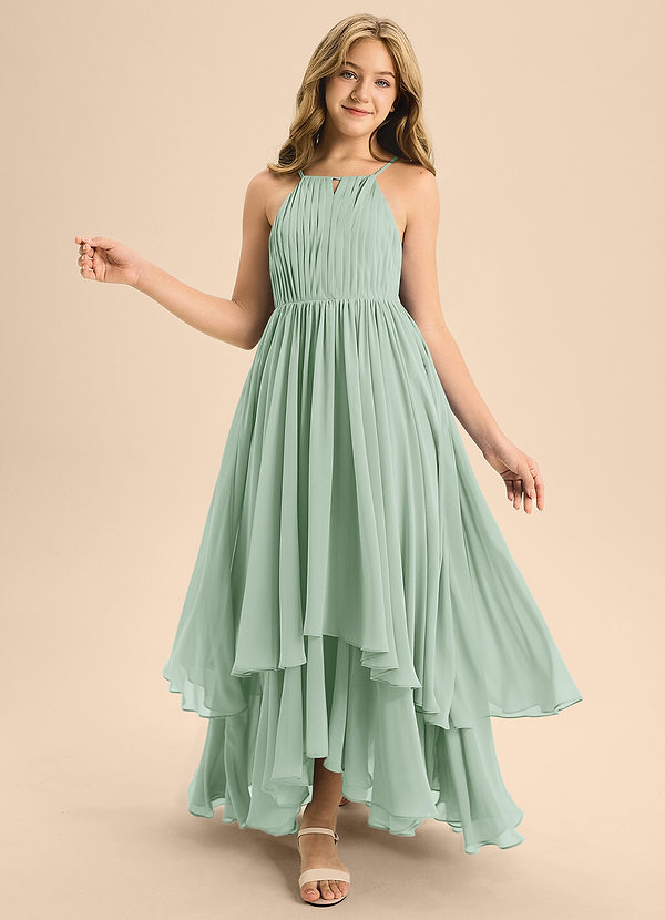 Azazie Elliora Junior Agave A-Line Pleated Chiffon Dress image1