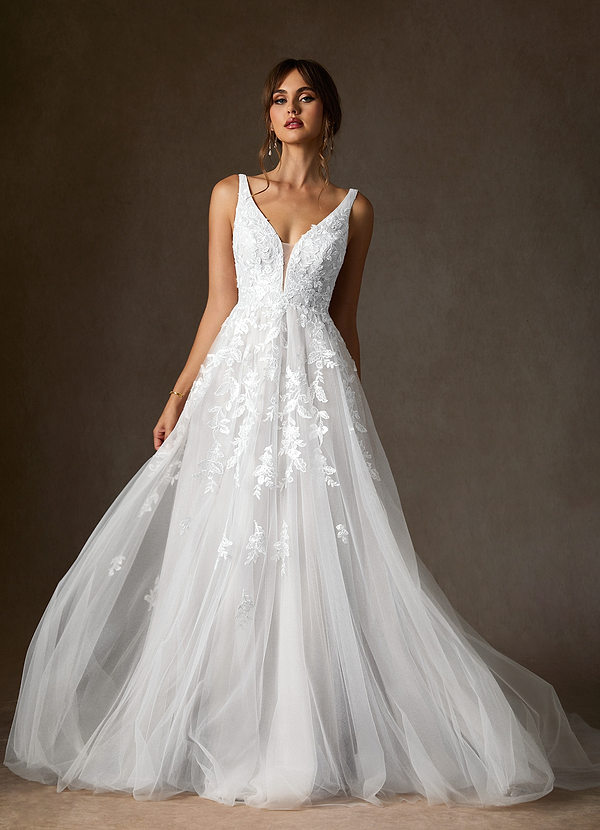 Azazie Sorella Wedding Dresses Diamond White A-Line V-Neck Sequins Tulle Dress image1