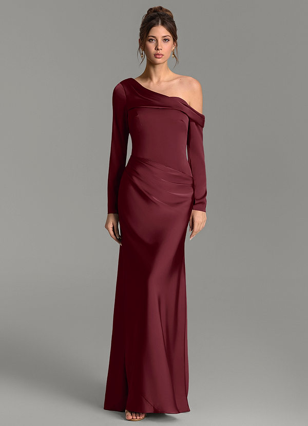 Azazie Sandra Vestidos de dama de honor Vestido Cabernet de Satén Elástico de Corte Sirena con Manga larga image1