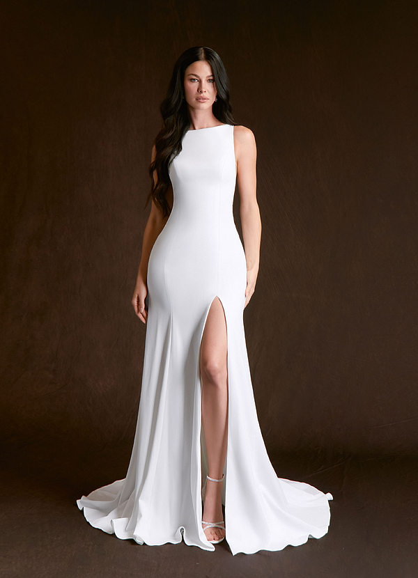 Azazie Raven Wedding Dresses Diamond White Sand Mermaid Side Slit Tulle Dress image1
