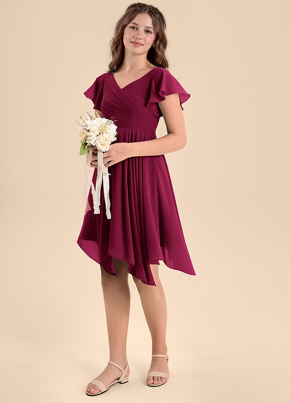 Azazie Janeaurelia Junior Burgundy A-Line Pleated Chiffon Dress image1