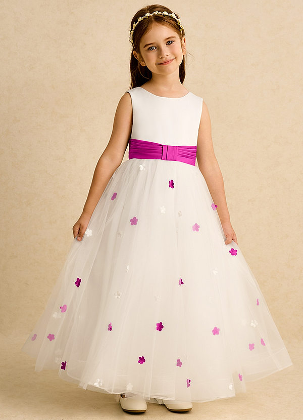 Azazie Cricket Abiti da Ragazza di Fiori Abito Principessa in Raso Opaco Plissettato Avorio Fucsia image1