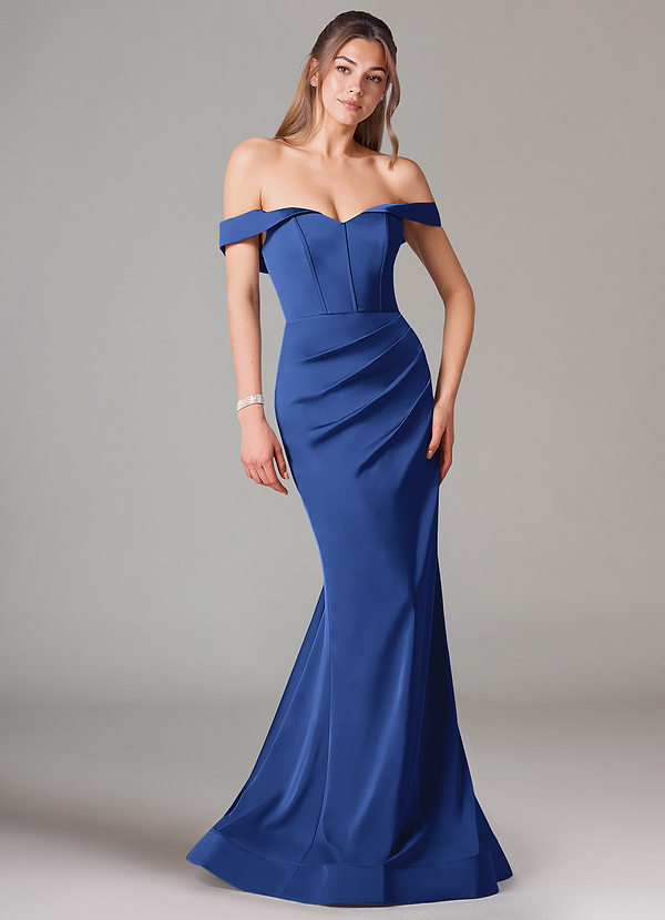 Azazie Everly Bridesmaid Dresses Royal Blue Mermaid Off the Shoulder Stretch Satin Convertible Dress image1