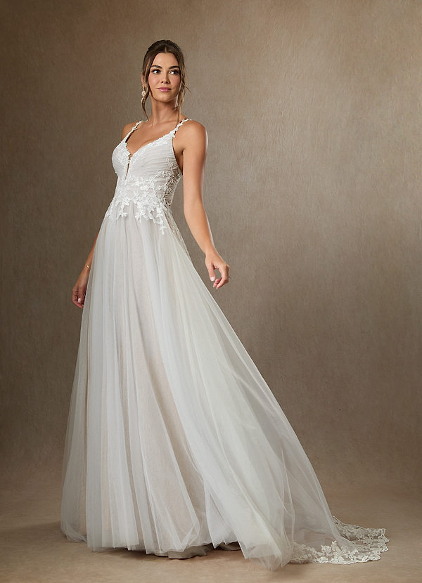 Azazie Devi Wedding Dresses Diamond White A-Line V-Neck Lace Tulle Dress image1