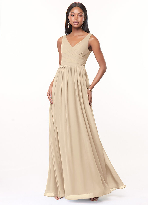 Azazie Keyla Bridesmaid Dresses Champagne A-Line V-Neck Pleated Chiffon Dress image1