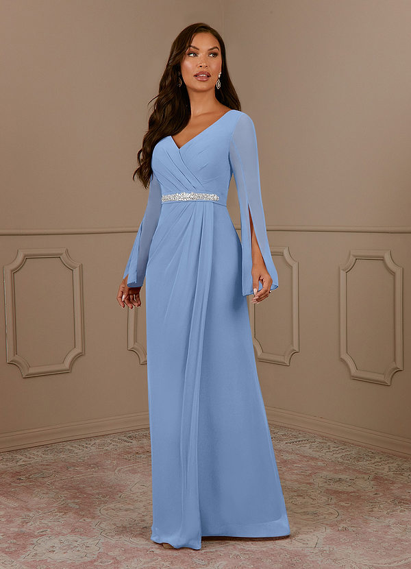 Azazie Belinda Mother of the Bride Dresses Steel Blue A-Line V-Neck Pleated Chiffon Dress image1