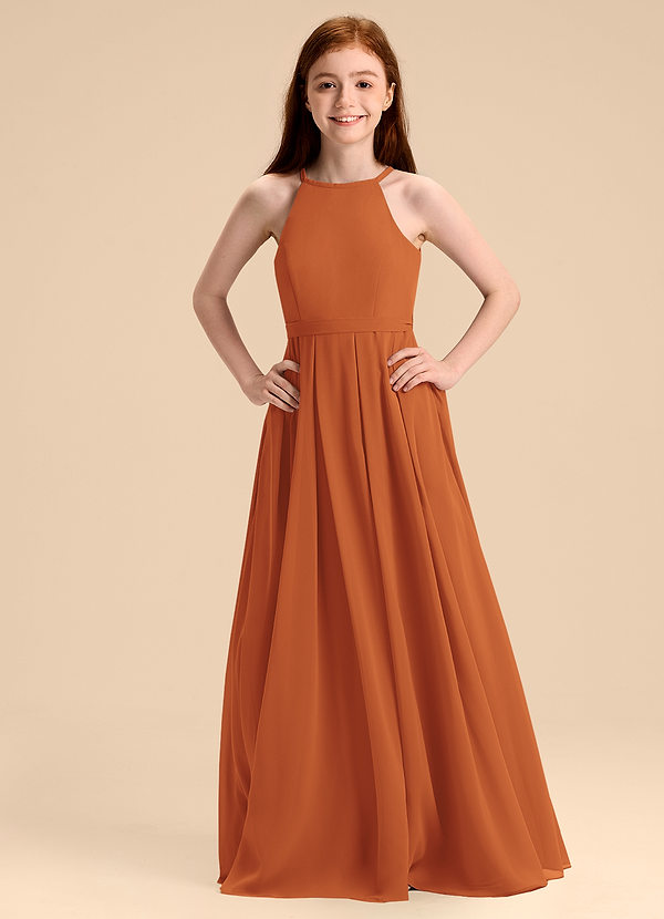 Azazie Arianthe Junior Abito A-Line in Chiffon Plissettato Cannella image1