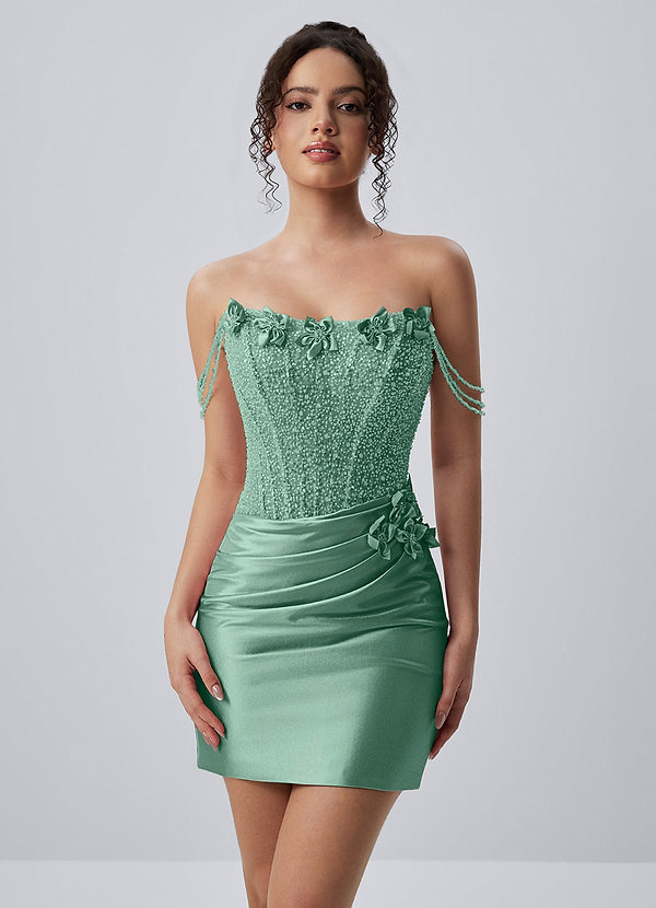 Ophelianaire Sage Corset Beading Rhinestones 3D Flowers Stretch Satin Mini Dress image1