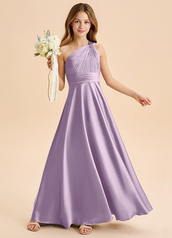 Azazie Charlize Junior Frosted Lilac A-Line Pleated Stretch Satin Dress image1