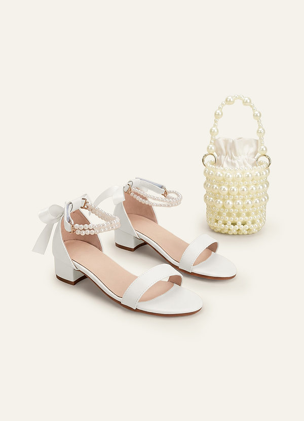 front Pearl and Bow Open Toe Block Heels & Dual Strap Pearl Bucket Bag Flower Girl Set