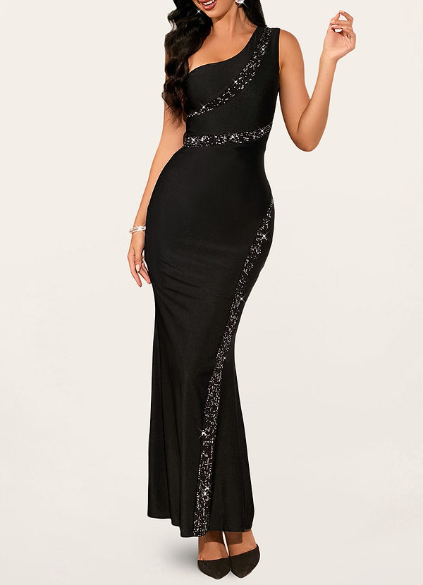 front Perla Black One-Shoulder Maxi Dress