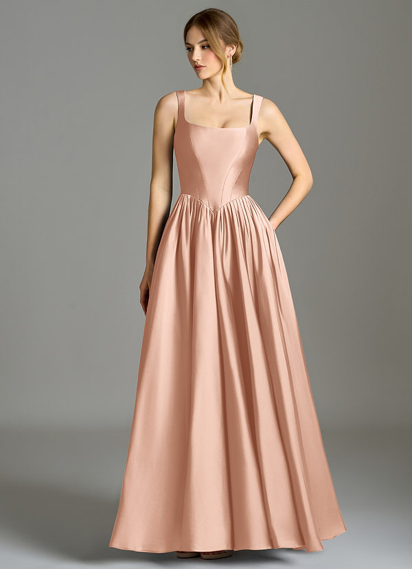 Azazie Verina Bridesmaid Dresses Rose Gold A-Line Pleated Stretch Satin Dress image1